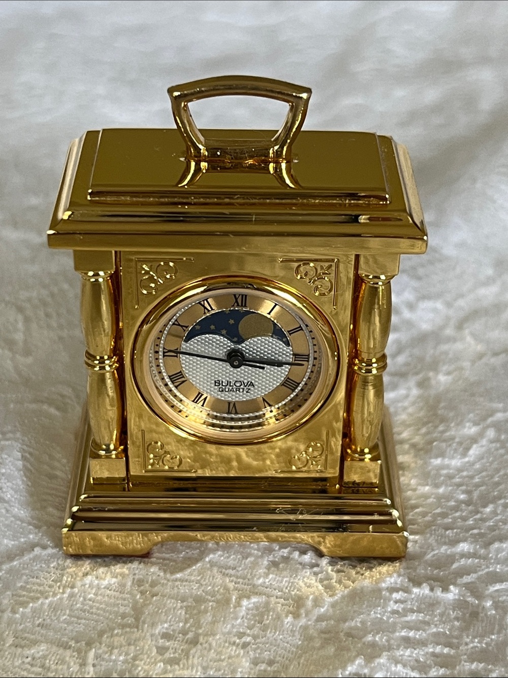 Vintage 1988 Bulova Gold Tone Carriage Mantel Clock with Moon Phase Dial